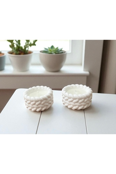 Tudi Home 2’li Minimalist Örgü desen Mumluk (içi dolu) - Beyaz Lüks Tasarım