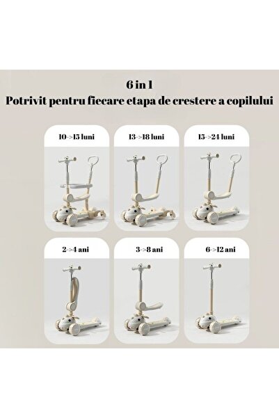 Flippy Trotineta Multifunctionala 6in1, Flippy, Copii 10 Luni-12 Ani, Maner Impingere, Dinozaur, Alb/Bej