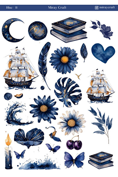 MirayDesign 1 Sayfa Mavi Renk Temalı 12*17 cm Sticker /Scrapbook, Bullet Jour...