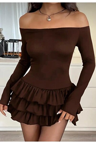 MEGOMEL Women's Strapless Layered Skirt Detailed Design Mini Dress