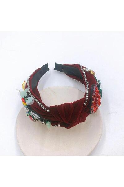 Pursehuit Bentiță vișinie, cu nod, mărgele și pietre, Kornelia C1