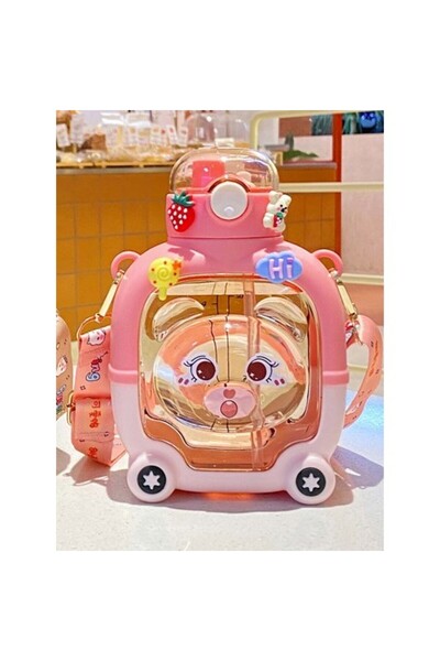 Flippy Children's Straw Bottle, Flippy, Bear Model, Graduated, Stickers Applied, Adjustable Strap, Shatter-