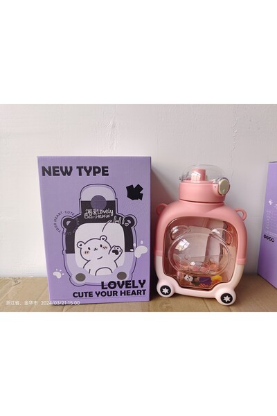 Flippy Children's Straw Bottle, Flippy, Bear Model, Graduated, Stickers Applied, Adjustable Strap, Shatter-