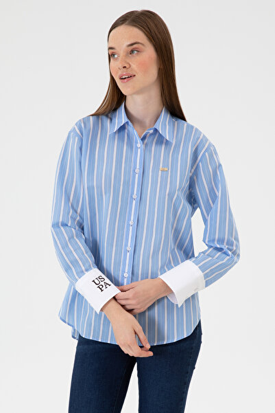 U.S. Polo Assn. Kadın Açık Mavi Çizgili Uzun Kollu Gömlek 50316416-VR003