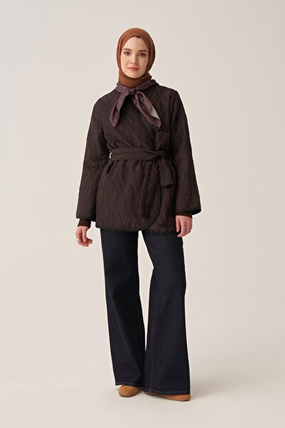 ALLDAY Bitter Brown-Thin Quilted Double-Breasted Belted Jacket