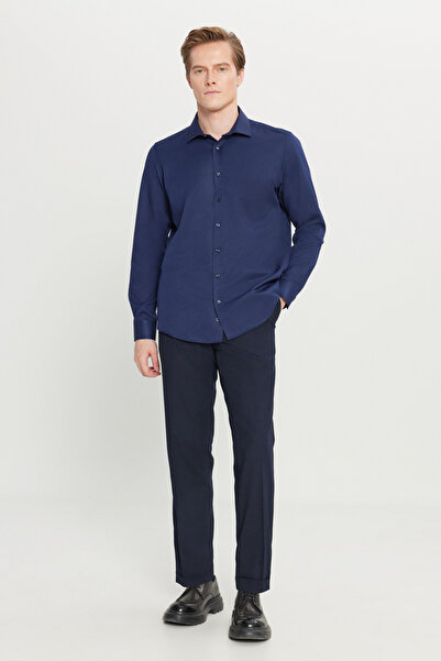 AC&Co / Altınyıldız Classics Erkek Lacivert Pamuklu Tailored Slim Fit Dar Kesim Klasik Yaka Armürlü Cepli Gömlek