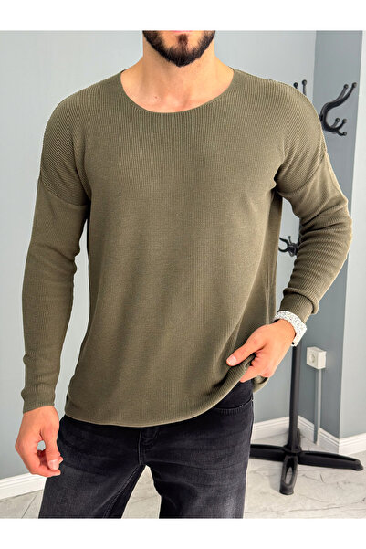 YUWEAR Haki Yeşil Açık Yaka Triko İnce Sweat