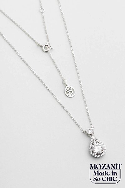 So CHIC... Mozanit Damlası 18 Ayar Beyaz Altın Kaplama 46 Cm Gümüş Kolye