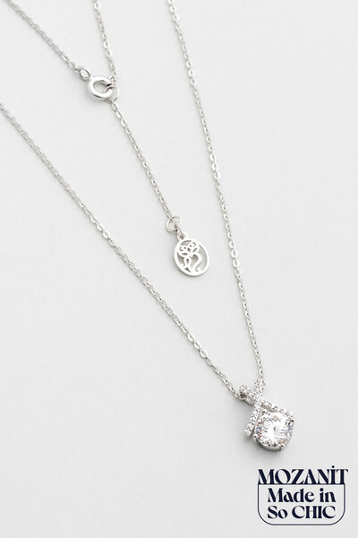 So CHIC... Yuvarlak Kesim Mozanit 18 Ayar Beyaz Altın Kaplama 46 Cm Gümüş Tektaş Kolye