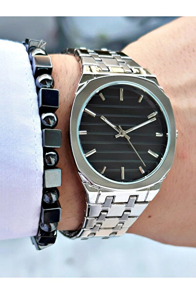 İ&A HOME ساعة يد رجالية بسوار فولاذي ومينا أسود - ساعة أنيقة مقاومة للماء