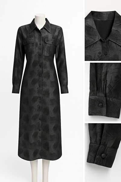 SCZ Siyah Desenli Uzun Kollu Gömlek Elbise