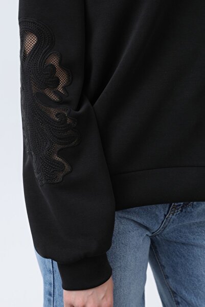 Puane Women's 32165 Sleeves Mesh Embroidered Sweatshirt