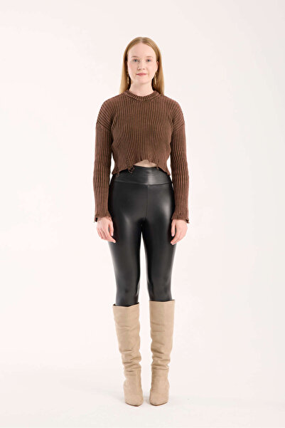 İLKCET MODA Ripped Brown Knitwear Crop Women's Sweater