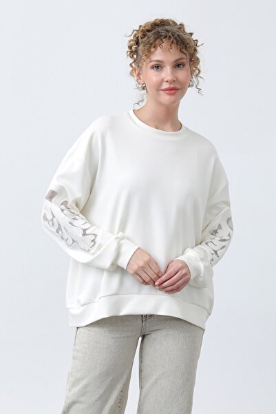 Puane Women's 32165 Sleeves Mesh Embroidered Sweatshirt