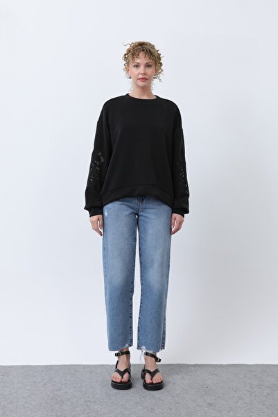 Puane Women's 32165 Sleeves Mesh Embroidered Sweatshirt