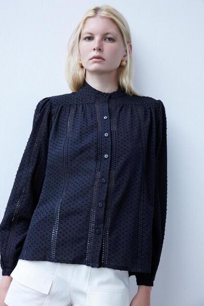 By Mare Style Orva-Hakim Yaka Pure Cotton Embroidered Black Shirt