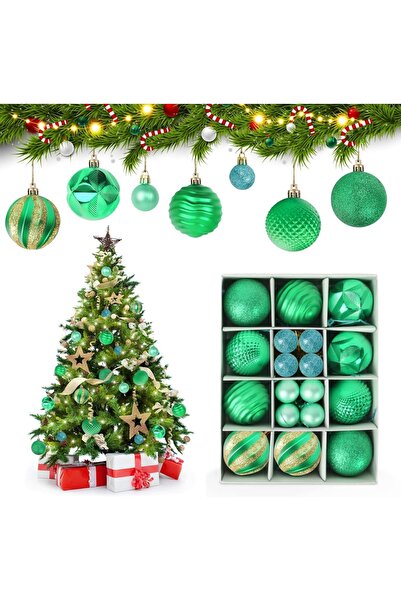 Yisscen Set de 26 globuri de Crăciun, plastic, verde/albastru/auriu, 7 cm