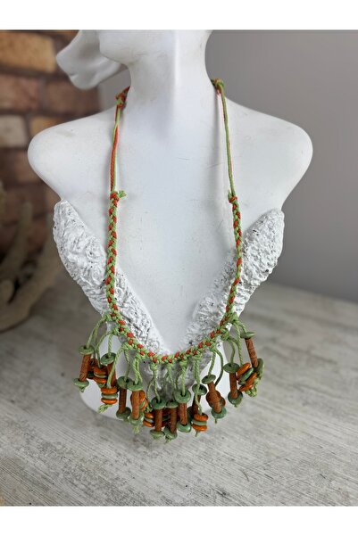 SEDEF TAKI El yapımı örme ahşap boncuklu uzun kolye