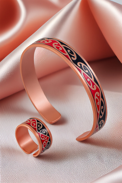 OSMANLI GÜMÜŞ Women's Copper Bracelet Ring Set - Carlotta Model Special Edition Metal Box and Quartz Stone