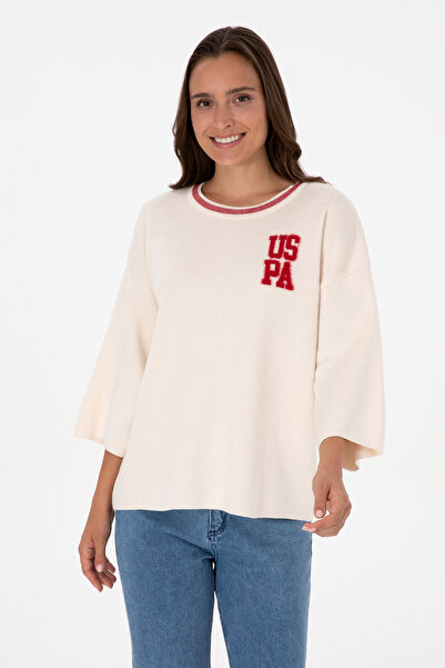 U.S. Polo Assn. Pulover pentru femei crem melange cu gât rotund 50310214-VR159