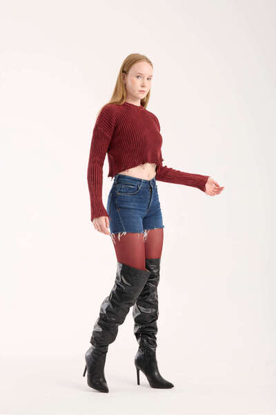 İLKCET MODA Ripped Burgundy Knitwear Crop Women's Sweater
