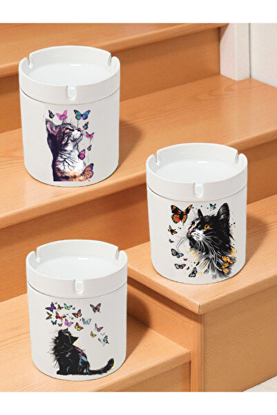 lili hediyelik Butterfly Cat Themed 3-Piece Ashtray Models - Odorless Ashtrays, Ceramic Ash Tray
