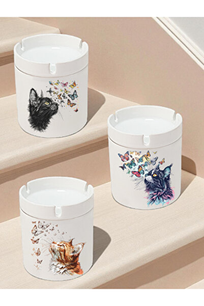 lili hediyelik Butterfly and Cat Themed 3-Piece Ashtray Models - Odorless Ashtrays, Ceramic Ash Tray