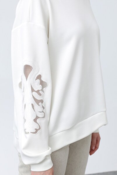 Puane Women's 32165 Sleeves Mesh Embroidered Sweatshirt