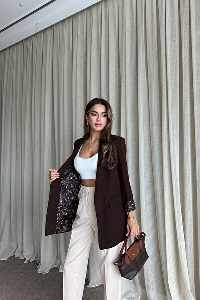 MAT Collection Kadın Kahverengi Blazer Astarlı Uzun Ceket