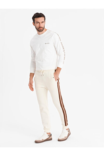 OMBRE Men's sweatpants with piping and ribbing on the legs - cream V3 OM-PASK-0258 S