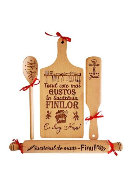 OEM Set bucatarie cadou personalizat Fini, gravura laser, Lemn, Model 1
