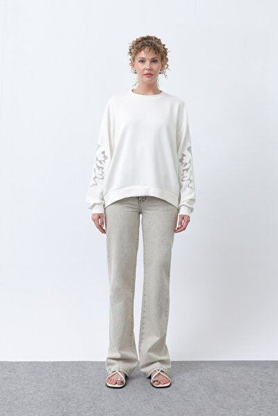 Puane Women's 32165 Sleeves Mesh Embroidered Sweatshirt