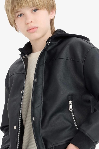 DeFacto C4321 Black Boy's Water Repellent Detachable Hood Plush Lining Bomber Jacket