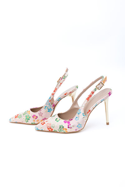 Letafia Oliva Floral Patterned Gold Heeled Shoes