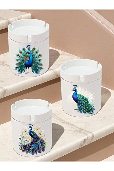 lili hediyelik Peacock Themed 3-Piece Ashtray Models - Odorless Ashtrays, Ceramic Ash Tray