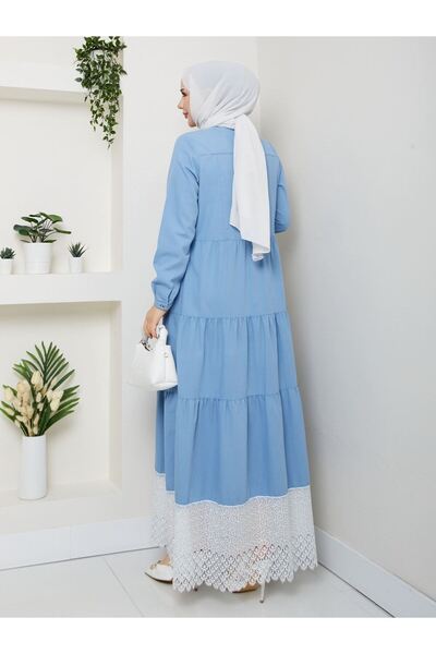 VELLICHOR Lace Detailed Natural Fabric Full Length Buttoned Denim Dress Dark Blue