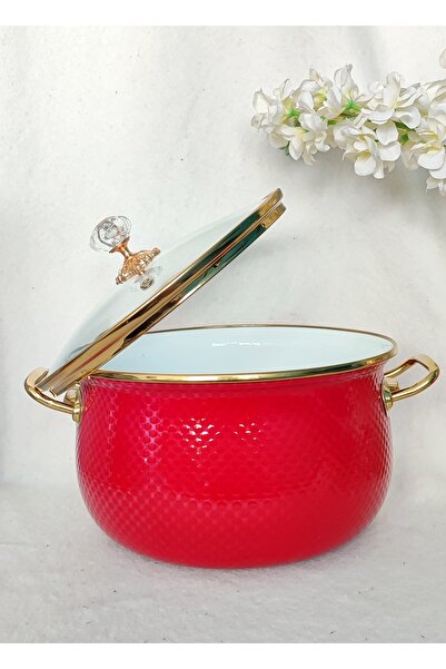 EBRULİEMAYE Red Embossed Lux Enamel Pot 4 Liters 22 cm Diameter Milk Yogurt Soup Pot