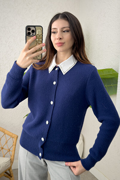 zhrcelebi Plush Knitwear Cardigan 00119 - Dark Blue