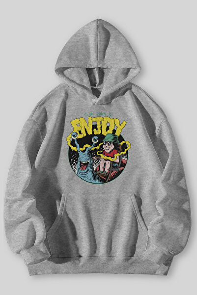 Harmandar Enjoy Printed Unisex Black Gray Kangaroo Pocket Hooded Sweatshirt Hoodie