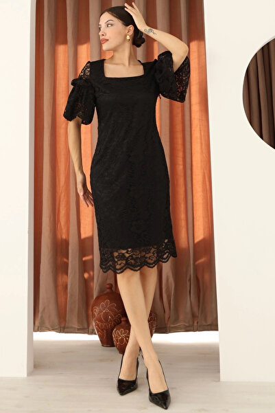 lodmela Square Neck Balloon Sleeve Lace Dress 6039-Black