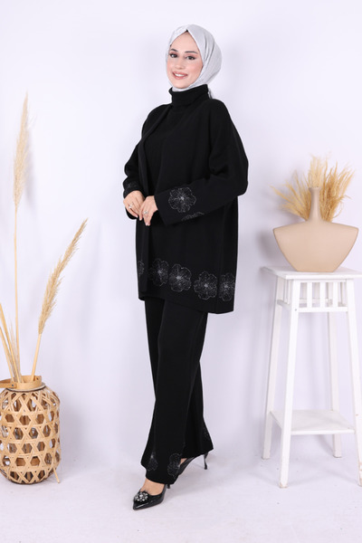 Bym Fashion Lotus Flower Kimono and Pants Set 17003 Black-Silver