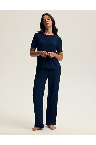 Bloovii Set pijama pentru femei, format din două piese, cu mânecă lungă și pantaloni lungi, croială lejeră, cu nervuri | Kaelana