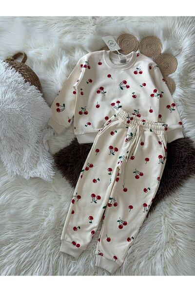 babymoon kids Girls' 2-Piece Tracksuit Set with Crew Neck, Elastic Waist, 3-Thread Cherry Pattern