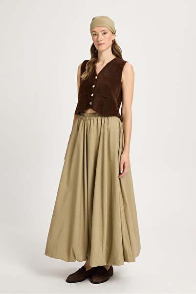minaaise Women's Khaki Elastic Long Lined Balloon Skirt 29004