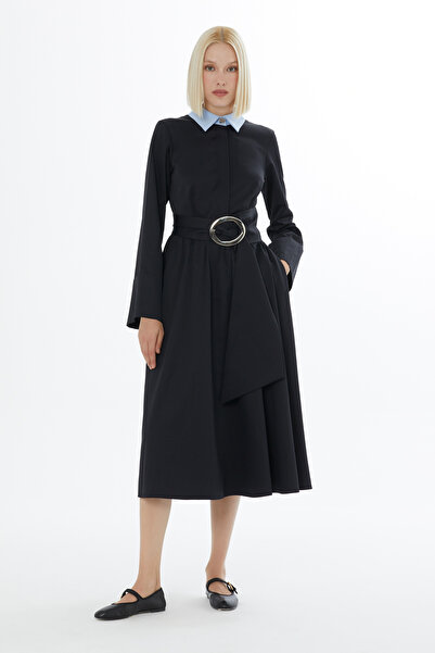 kı.we Uzun Kollu Kuşaklı Garni Yakalı Uzun Elbise