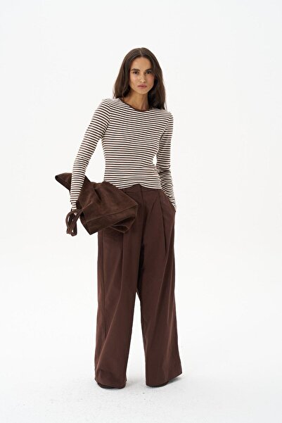 Beauty Omelette Kahverengi Gabardin Pileli Bol Paça Pantolon