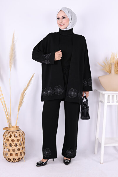 Bym Fashion Lotus Flower Kimono and Pants Set 17003 Black-Silver