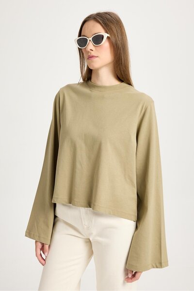 minaaise Kadın Haki Geniş Kol Oversize Kısa Basic T-shirt 30059