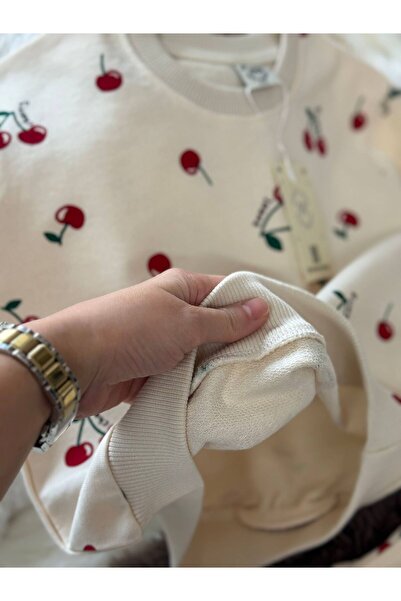 babymoon kids Girls' 2-Piece Tracksuit Set with Crew Neck, Elastic Waist, 3-Thread Cherry Pattern