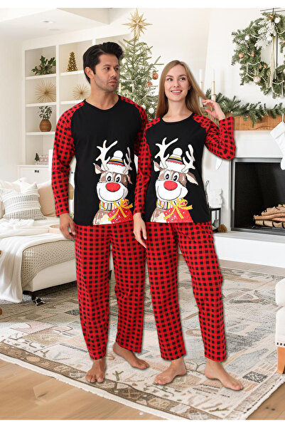 Intisimo Women's Pajamas, Christmas Theme, Reindeer, Cotton, Black/Red - XL